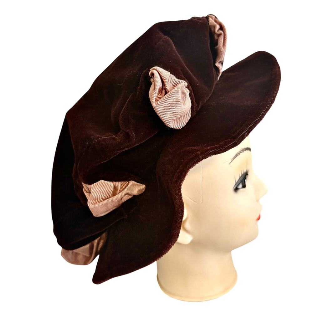 Vintage Burgundy Velvet 20's Style Flapper Cloche Hat Retro Flower Coquette